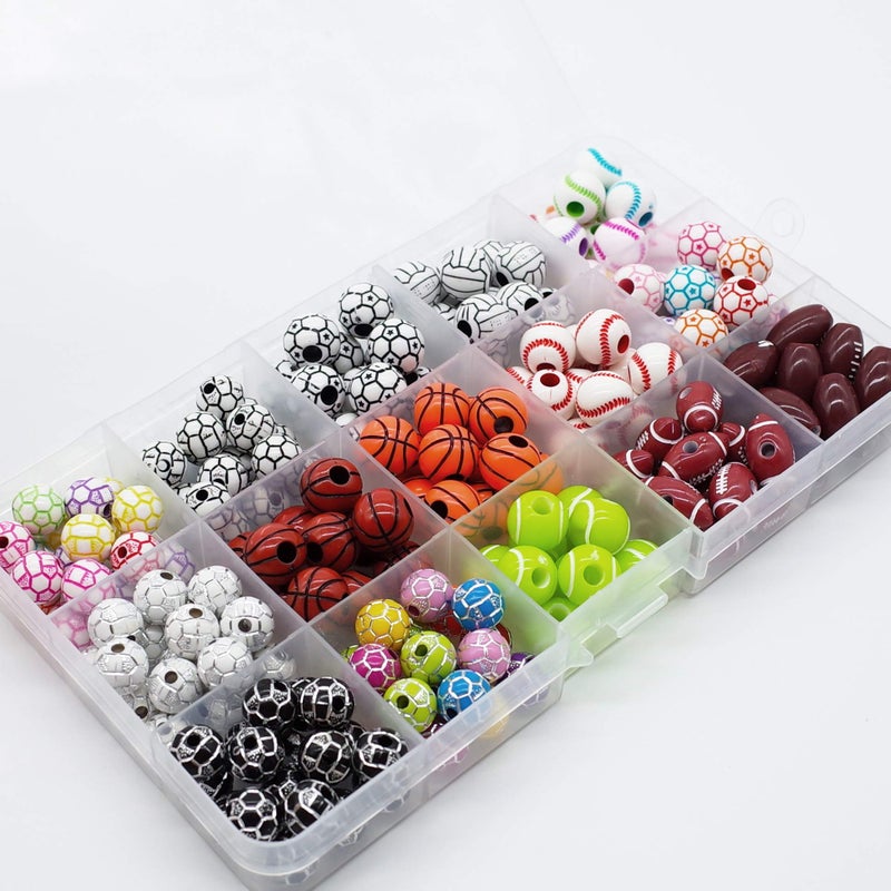 FOIBURELY 15 Styles Sports Beads Football Baseball Basketball Tennis Volleyball Soccer with 1 Roll of Elastic Rope and a Plastic Box for DIY Bracelet Necklace Making - Image 4